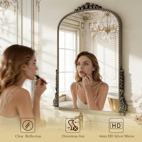 Vintage Bronze Arched Mirror - 40"x29" Large Matt Gold Antique Wall Mounted Mirror - Baroque Traditional Ornate for Entryway, Fireplace, Living Room, Hallway or Wall Decor (Upgrade Tempered Glass) - Thumbnail 3