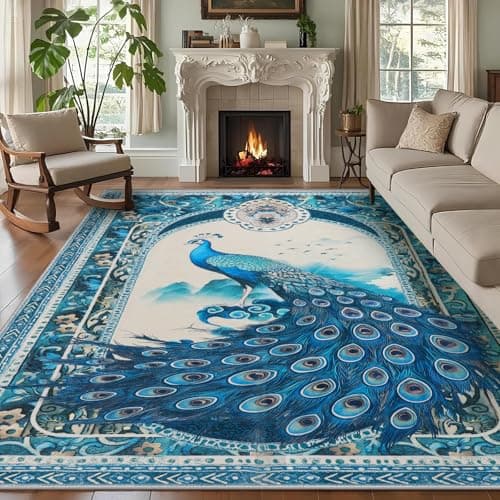 FLYRUGGO 3x5 Peacock Rug for Entryway, Modern Indoor Washable Entry Way Area Rugs, Small Soft Non-Slip Accent Carpet Door Mat for Dining Room Kitchen Kids Bedroom - Blue Peacock - Thumbnail 3
