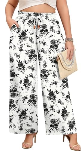Lastshe Plus Size Pants for Womens Wide Leg High Waisted Fashion Straight Loose Trousers Work Dressy Pants,Roses White,3X - Image 1