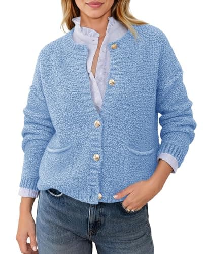 Saodimallsu Women's Chunky Knit Cardigan Button Down Crewneck Long Sleeve Cropped Sweater with Pockets Blue - Image 1