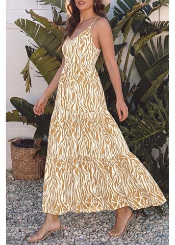 KIRUNDO Sundresses for Women 2026 Spring Summer Hawaiian Print Boho Floral Spaghetti Strap Beach Vacation Flowy Maxi Dress(Khaki, Large) - Thumbnail 6