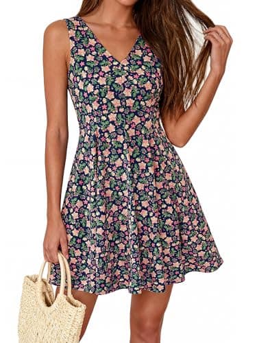 BTFBM Womens Summer Dresses 2026 Spring Casual Sleeveless Floral Knit Flowy A-Line Mini Dress Pockets Beach Sundress(Floral Navy Blue Multi, Small) - Image 1