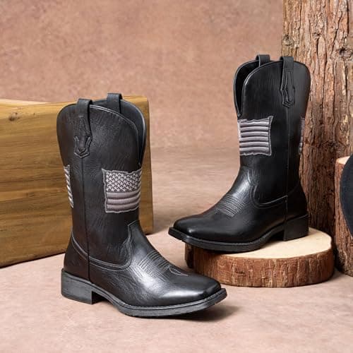 Jousen Cowboy Boots for Men with Flag Embroidery Square Toe Boots for Men Classic (AMY8423 black 09) - Thumbnail 3