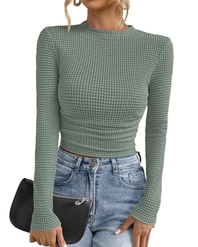 PRETTYGARDEN Womens Tops 2026 Spring Long Sleeve Fitted T Shirts Waffle Ruched Crop Shirt Basic Knit Workout Y2k Clothes(Sage Green,Large) - Image 1