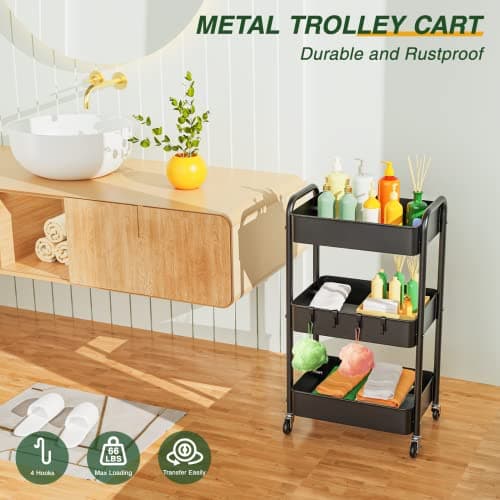 LEHOM 3 Tier Rolling Storage Cart, Metal Trolley Utility Cart with Wheels & Hooks, Easy Assembly Organizer Storage Cart for Bathroom Kitchen Office Bedroom - Thumbnail 2