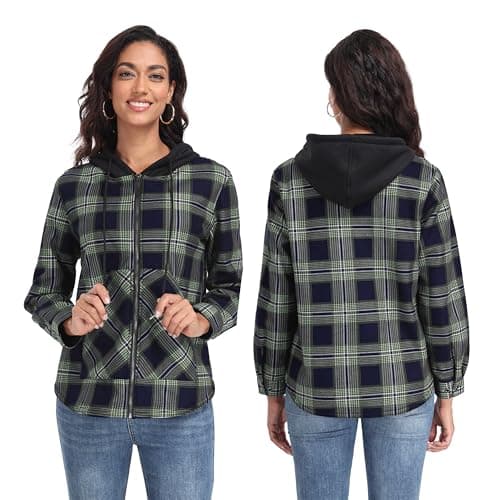 Lepunuo Women's Plaid Jacket Long Sleeve Fleece Full-Zip Hoodie Fall Fashion Warm Jackets Green Blue - Thumbnail 5