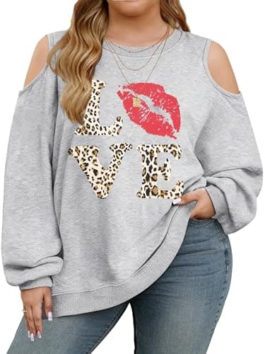 NANYUAYA Plus Size Cold Shoulder Sweatshirt for Women Graphic Long Sleeve Shirt Casual Off The Shoulder Tops Grey - Image 1