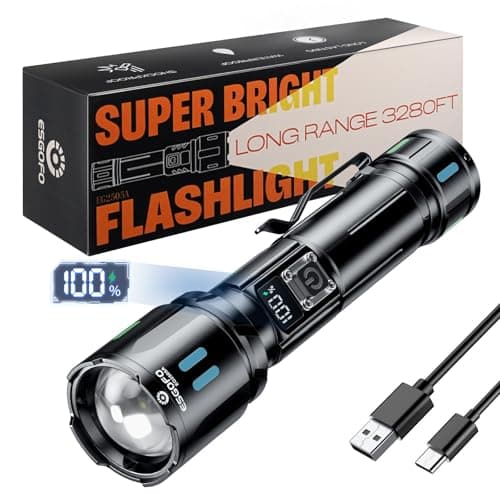 Esgofo Rechargeable Flashlights High Lumens 100000, Single Click Button Design, Super Bright 30W LED, Long Lasting 15H, USB C Input & Output, LCD Power Display, 6.69” Length, for Camping Hiking Home - Image 1