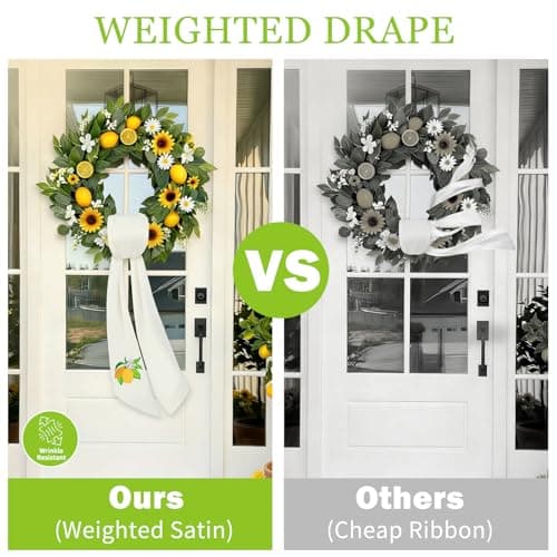 Ezyec Summer Lemon Wreath Sash for Front Door (59" Long) - High-Density White Satin Ribbon with Embroidered Citrus Design - Vibrant Yellow Decor for Boxwood Wreaths, Weather-Resistant & Washable - Thumbnail 3