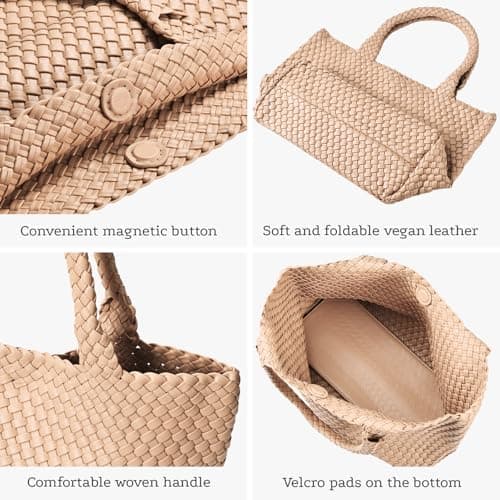Woven tote Bag for Women, Large woven handbag Shoulder Bag Soft Vegan Leather with Inner Zipper Pouch Khaki - Thumbnail 6