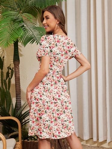 Heymoments Women's Summer Comfy Swing Sundress Creamy Vintage Blossom Small Short Sleeve Casual Midi Dress Wrap V Neck A-Line Classy Beach Vacation Teacher Dresses with Pockets - Thumbnail 5