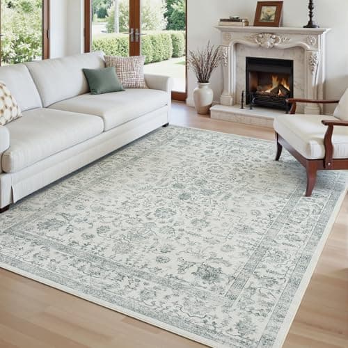 RUGVIGO Vintage Floral 6x9 Area Rugs for Living Room, Neutral Bedroom Rug Washable Aesthetic, Soft Non-Slip Stain Resistant Carpet for Playroom Dining Room, Grey Green - Image 1