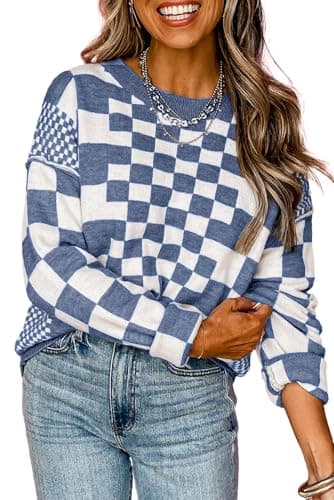 KevaMolly Womens Long Sleeve Sweaters Z Navy Checkered Print Drop Shoulder Round Neck Sweater Casual Daily Pullover Tops L - Image 1