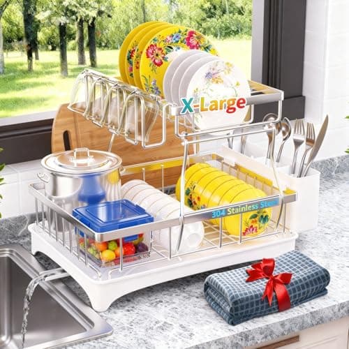 Godboat Dish Drying Rack, 2-Tier Dish Rack with Auto-Drain & Mat, 304 Stainless Steel Dish Racks for Kitchen Counter, Dish Drainer with Knife, Fork & Cup Rack, Gifts for Women, Mothers Day, Silver - Image 1