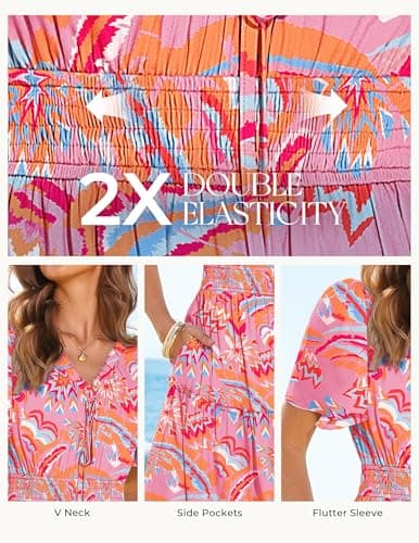 GRACE KARIN Womens Summer Floral Maxi Dresses 2026 Short Sleeve V Neck Dress Casual Flowy Beach Vacation Sundress with Pockets Pink Floral L - Thumbnail 4