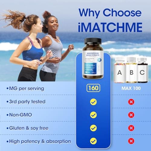 iMATCHME Magnesium Bisglycinate 100%, Magnesium Supplement Support to Sleep & Calmness,Heart Healthy, Muscle & Bones, Maximum Absorption,180 Capsules - Thumbnail 5