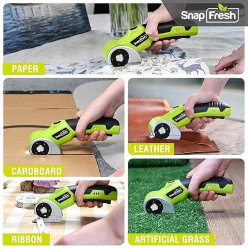 SnapFresh 4V Cordless Electric Scissors-Rechargeable Rotary Box Cutter w/ 2.0Ah Battery, 2 Self-Sharpening Blades, LED Light & Safety Lock,Carpet Cutter Tool for Cardboard, Fabric, Leather, Plastic - Thumbnail 4