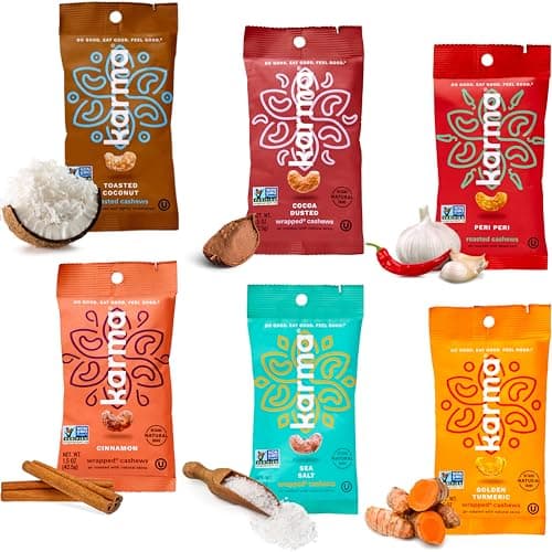 Karma Nuts Flavored Cashews Variety Pack (1.5 oz, Pack of 6) – Whole Roasted Cashews, Healthy Snacks for Adults - Gluten Free Vegan Snacks, Vegan, Non GMO - Flavored Nuts Low Carb - Image 1