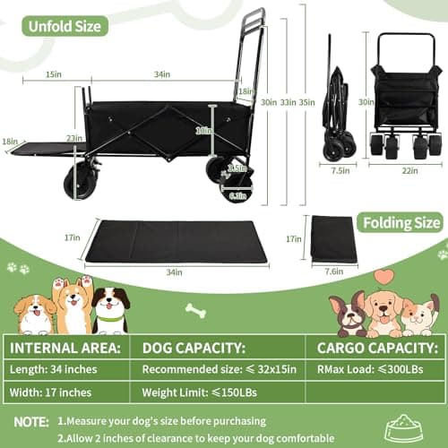 Dog Stroller for Large Dogs,Pet Stroller for Medium Dogs Up to 150lbs,Folding Dog Wagon Cart,Heavy Duty All-Terrain with Adjustable Handle,Storage Organizer,Waterproof Oxford Fiber,Black - Thumbnail 2