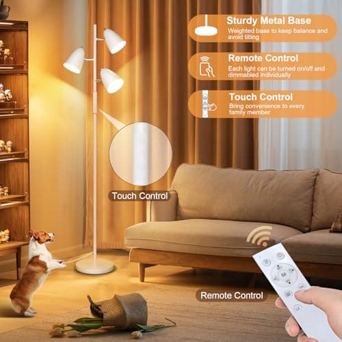 QiMH LED Floor Lamp for Living Room, Modern Dimmable Standing Lamp with 4 Color Temperature,Remote and Touch Control, Tree Floor Lamp for Bedroom with 3 Rotatable Lights Bright Stand up Lamp, White - Thumbnail 4
