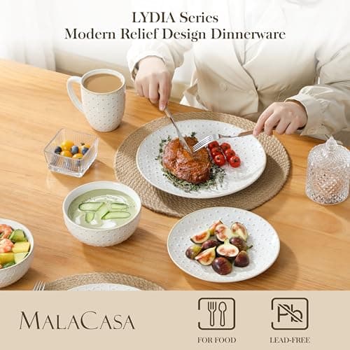 MALACASA 16 Pieces Dinnerware Sets, Modern Relief Design Plates and Bowls Sets, White Dish Set for 4, Kitchen Ceramic Dinner Plates Dishware Set, Microwave and Dishwasher Safe, Series LYDIA - Thumbnail 3