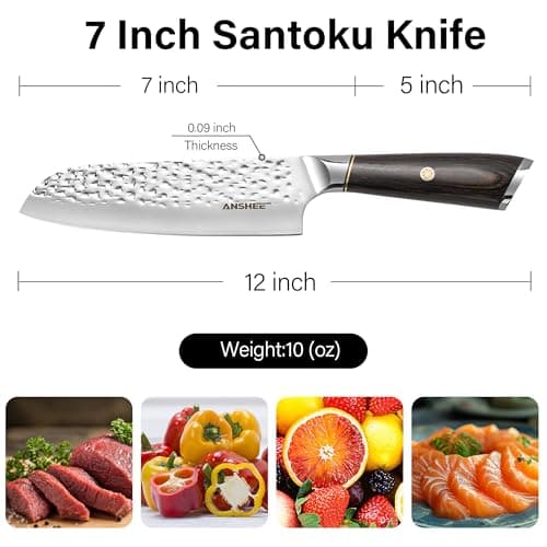 anshee 7 Inch Japanese Santoku Knife with Sheath Gift Box-Hammered Finish High-Carbon Stainless Steel Precision Chef Knife Wood Handle,Multipurpose Kitchen Knife for Slicing Meat,Vegetables,Fruits - Thumbnail 2