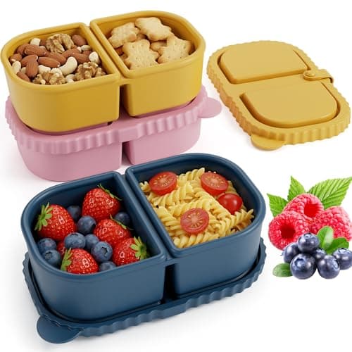 DRNKNSTX 3 Pack Reusable Silicone Snack Containers with Lids, 8.5oz 2 Compartment Snackle Box Containers, Ideal Portable Small Snack Pack Containers for School, Office and Picnic (Blue, Pink, Yellow) - Image 1