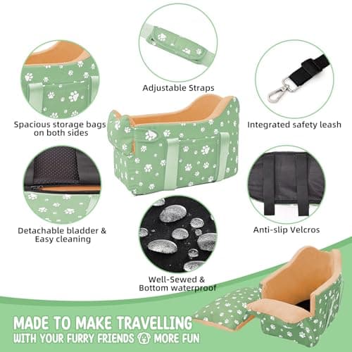 Cullaby Dog Center Console Car Seat for Small Dogs Under 15lbs,Detachable Washable Booster Pet Car Seat Travel Bed with Storage Pockets and Seat Belt(Green) - Thumbnail 6