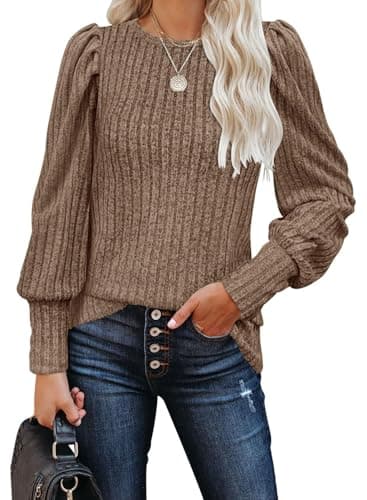 MIHOLL Womens Puff Long Sleeve Tops Crew Neck Lantern Sleeves Shirts Casual Ribbed Pullover Fall Tunic Blouses(Khaki, small) - Image 1