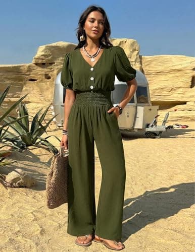 LOOKBOHO Womens Jumpsuits Formal Smocked High Waist Short Sleeves Wide Leg Rompers Dressy V Neck One Piece Army Green XXL - Thumbnail 6