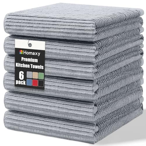 Homaxy Premium Kitchen Towels (18"x 28", 6 Pack), Large 100% Cotton Kitchen Hand Towels, Ultra Absorbent Ribbed Terry Tea Towels Set with Hanging Loop, Grey - Image 1