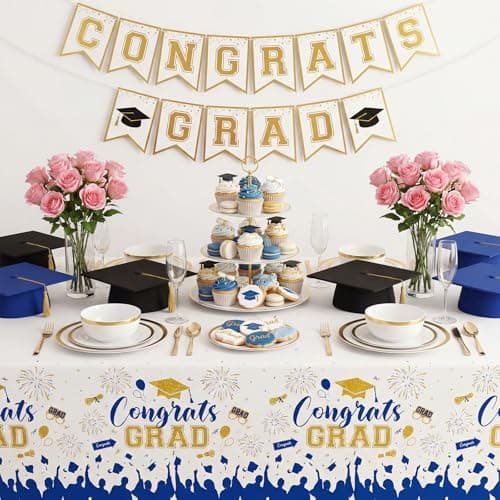 NatNarr 3 Pack Plastic Graduation Tablecloth, Graduation Decorations 2026 Disposable Rectangle Blue White Table Cover, 2026 Gongrats Grad Table Cloths for Graduation Party Decorations, 54x108Inch - Thumbnail 3