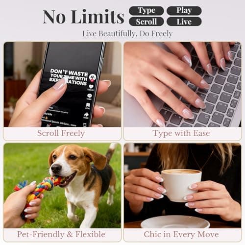 French Tip Press On Nails Acrylic - Short Almond Fake Nails Press ons, Reusable Glossy 30 Nail Kit with Glue, Adhesive Tabs, File, Manicure Stick, Prep Pad for Salon Quality or Fall Style - Thumbnail 6