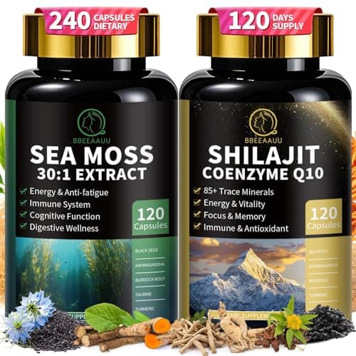 Shilajit for Men, Sea Moss and Shilajit Bundle, All in 1 Supplements with Coenzyme Q10, Black Seed, Ashwagandha, Taurine, Burdock for Energy, Endurance, Antioxidant & Immune Support, 240 Capsules - Image 1