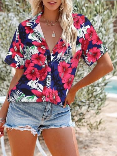 LILYCHIC Womens Hawaiian Shirts Button Down Short Sleeve Casual Floral Tropical Summer Beach Cool Button Up Tops Blue XL - Thumbnail 3