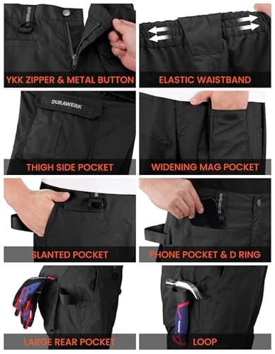 DURAWERK Men's Cargo Pants, Water Resistant Work Pants, Durable Ripstop Tactical Pants, EDC Hiking Pants, Multi Pockets Hunting Pants for Outdoor Climbing Traveling Camping Fishing (Black, 36WX30L) - Thumbnail 4