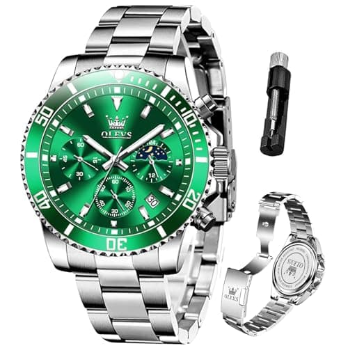 OLEVS Watch Men Green Silver Watch for Men Luxury Stylish Business Stainless Steel Waterproof Men's Watches Fashion Elegant Dress Big Face Chronograph Analog Men's Wrist Watches Relojes para Hombres - Image 1