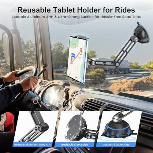 PLDHPRO Aluminum Alloy Tablet Car Mount for Dashboard Windshield, Heavy Duty Truck Suction Cup Stand, Large Clamp, Thick Case Friendly, Fits 5.1-15.6'' iPad Pro/Air/Mini, Galaxy Tabs - Thumbnail 3