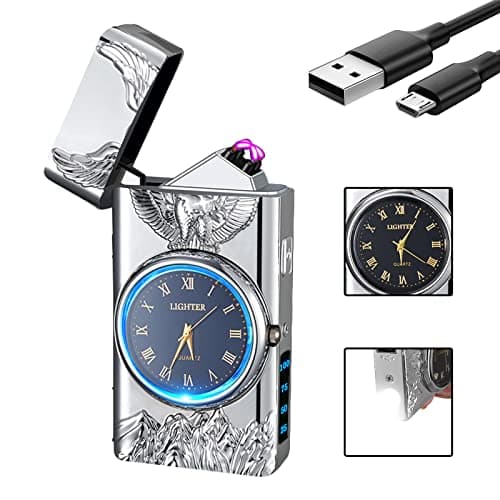 RSBYE Watch Lighetr,Electric Lighter,Dual Arc Plasma Lighter,USB Lighter Rechargeable with Battery Display,Cool Lighter with Clock & Flashlight,Unique Gift for Men and Women (Eagle Silver) - Image 1