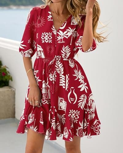 BTFBM Women Summer Spring Floral Boho Dress 2026 V Neck Short Sleeve Ruffle Beach Vacation Clothes Wedding Guest Dresses(Floral Burgundy White, Medium) - Thumbnail 5