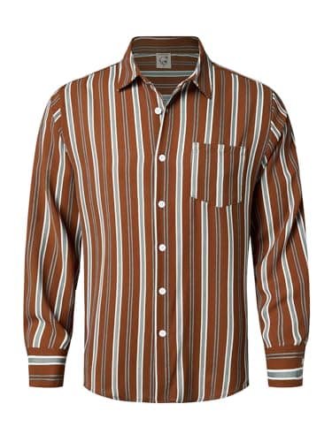 Hardaddy Men's Classic Color Contrast Striped Shirt Long Sleeve Casual Button Down Shirts Blouse Brown M - Image 1