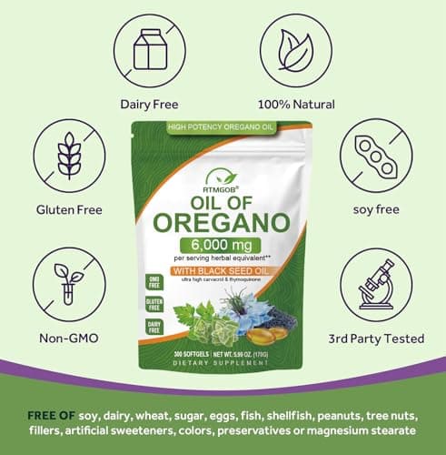 RTMGOB Oil of Oregano Softgels with Black Seed Oil Supplements,2 in 1 Oregano Supplement for Immune Health |Retains High Concentrated Carvacrol & Thymoquinone,Non-GMO-300 Softgels - Thumbnail 3