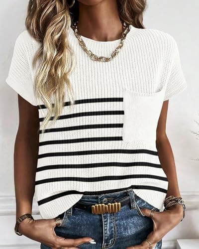KIRUNDO Spring Summer Short Sleeve Sweater for Women 2026 Casual Sweater Vest Cotton Knit Pullover Tank Tops Fashion Clothing (Striped White, Small) - Thumbnail 4