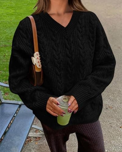 Okiwam Women's Oversized Sweaters Long Sleeve V Neck Cable Knit Pullover Tops Fall Outfits Spring Fashion Clothes 2026-XXL Black - Thumbnail 4