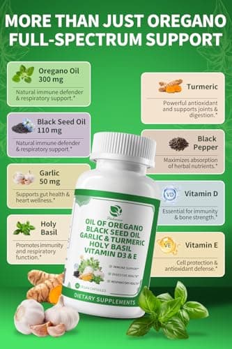 Organic Oil of Oregano Capsules with Black Seed Oil, Garlic, Turmeric, Holy Basil, Vitamin D3, E & Black Pepper for Better Absorption – Immune, Digestive & Respiratory – Vegan, Non-GMO, 2 Month Supply - Thumbnail 2