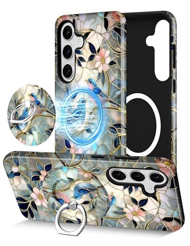 Aitipy Magnetic Phone Case for Samsung Galaxy S23 FE, Compatible with Magsafe, with Cute Stained Glass Flower Bird Stand Ring Holder Aesthetic Protective Phone Cover for Women Girls