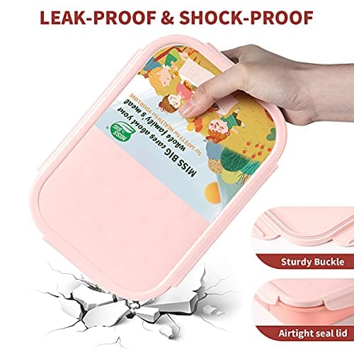 MISS BIG® Bento Box for Kids,Bento Box & Lunch Box,Leakproof, No BPAs/Chemical Dyes,M/W, D/W & Fridge Safe,1150ml Large Lunch Box for School, Picnic, Travel (Pink) - Thumbnail 3