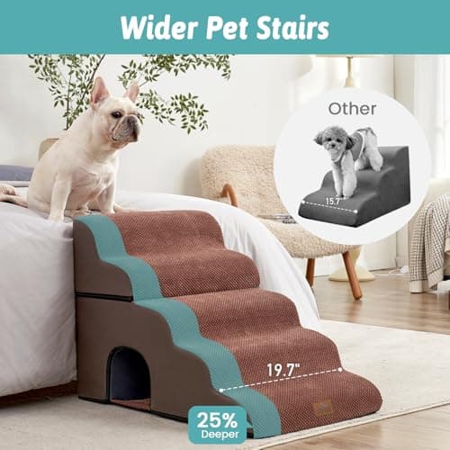 COZY KISS Wide Dog Stairs with Tunnel, Foam Detachable Large Dog Step for Small Pet, Puppy or Cats, Medium Pet Ramp for High Bed, Couch, Sofa or Car, 19.7x33x22.4 inch, 5 Step, Brown - Thumbnail 3