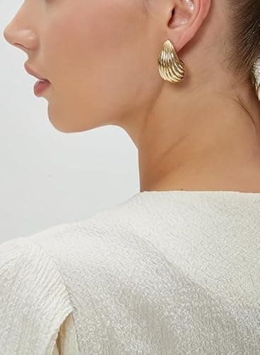 Jurikko Teardrop Gold Chunky Hoop Trendy Earrings for Women, Shell Hollow Hyperallergenic 14K Gold Plated Drop Earrings Fashion Jewelry Gift - Thumbnail 3