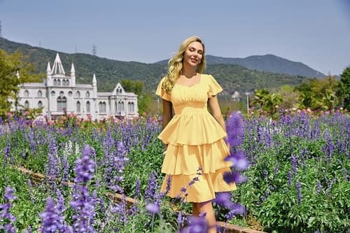 Women's Vintage Short Sleeve Tiered Ruffle Dress 2026 Summer Casual Layered A-line Swing Sundresses Yellow XX-Large - Thumbnail 3